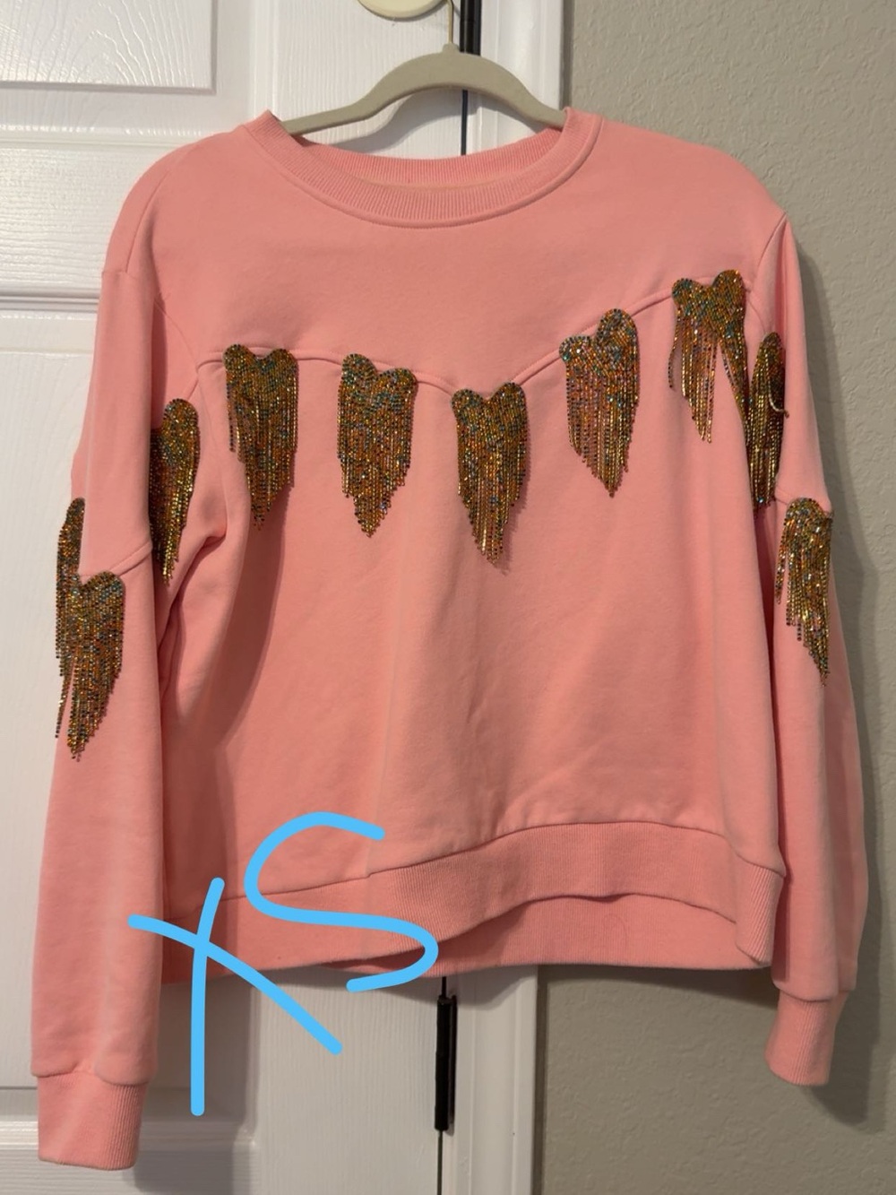 QUEEN OF SPARKLES Pink Sweatshirt with Gold Beaded Heart Fringe